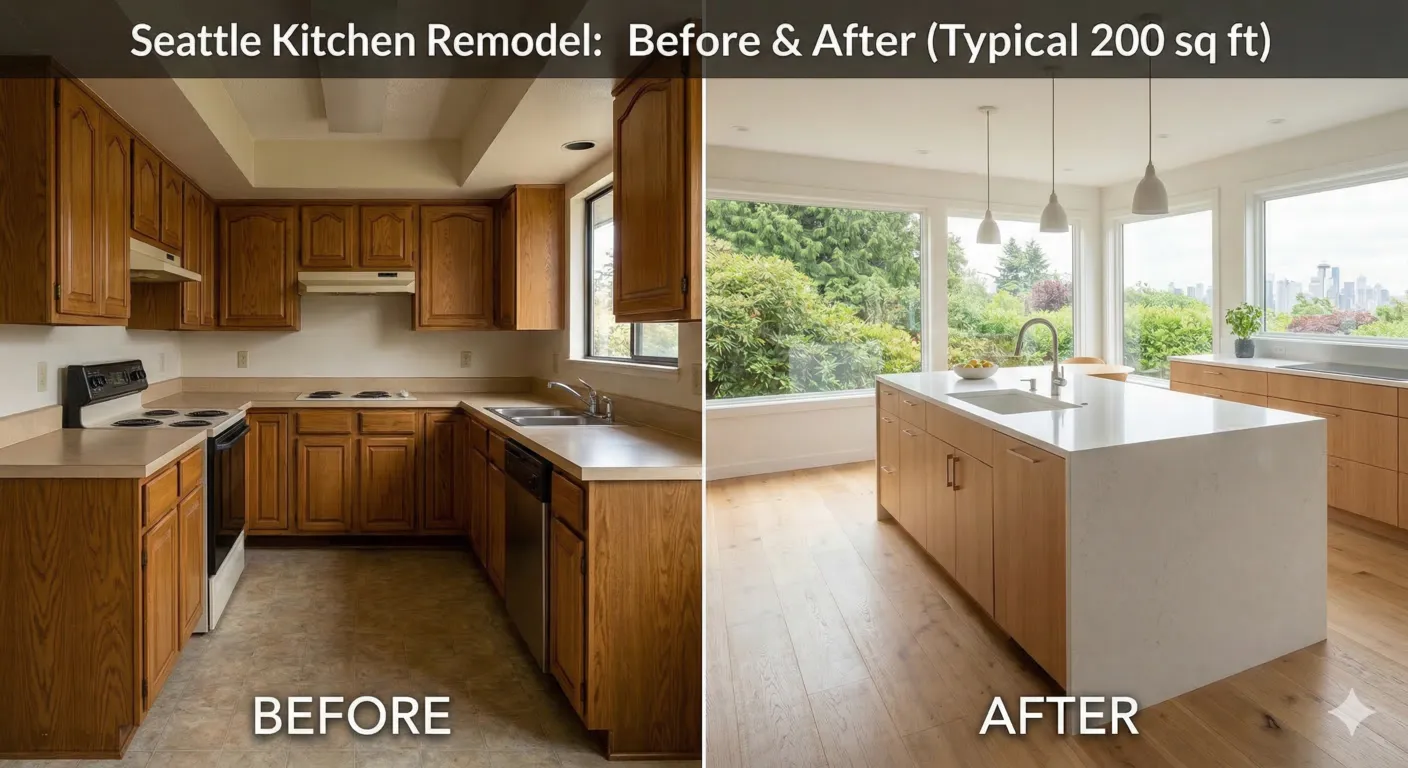 Side-by-side comparison of a dated 1980s kitchen and a modern remodel.